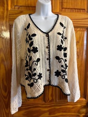 Cream Crochet Cardigan with Black Floral Appliqué